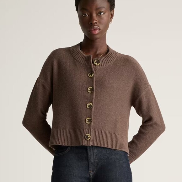 Quince 100% Organic Cotton Cropped Cardigan Heather Brown, Button-Front Classic - Picture 1 of 7